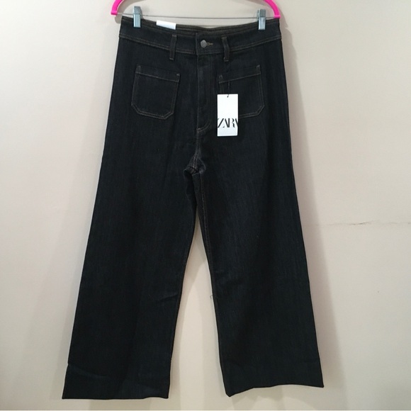 ZARA Jeans The Patch Pocket Wide Leg Denim Rinse Black 8307/042 Women 12 New - Picture 4 of 13